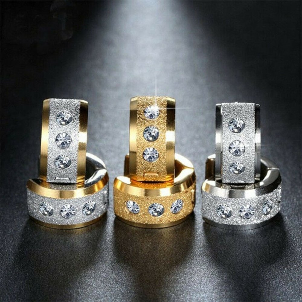 Mens Gold Stainless Steel Diamond Zircon Frosted Sandblast Hoop Earrings 14mm - Picture 5 of 5